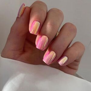 Pink CHROME MIRROR PRESS ON GLUE ON NAILS 💅 SALON QUALITY GLUE & FILE
